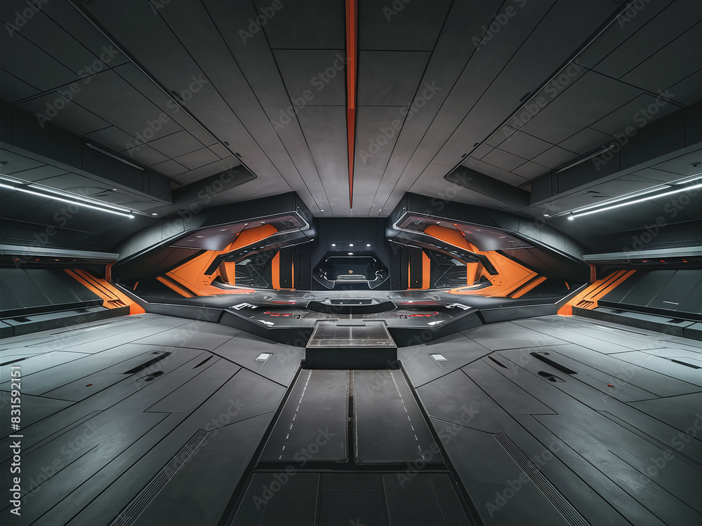 Futuristic spaceship interior with sleek metallic surfaces, orange ...
