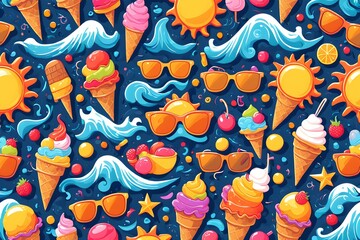 Wall Mural - A colorful image of ice cream and sunglasses with a blue background