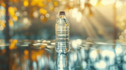 clear plastic water bottle on reflective surface with warm bokeh background