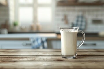 Fresh milk and jug on wooden table with kitchen background.