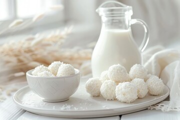 Wall Mural - White coconut truffles  milk  cottage cheese on table.