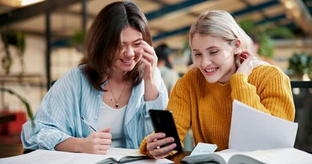 Poster - Students, laugh and cellphone in library for social media, gossip and online on campus. Technology, smartphone or communication from digital app for female friends, school and break for study or exam