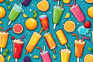 Wall Mural - A colorful image of various fruit drinks and ice pops, including orange juice