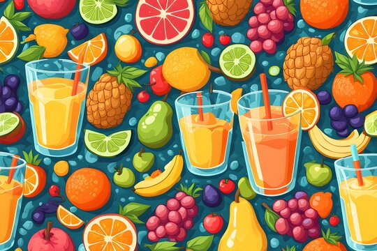 A colorful image of fruit and drinks with a theme of healthy living