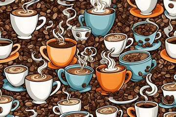 A coffee cup with steam coming out of it is shown in a pattern of many different