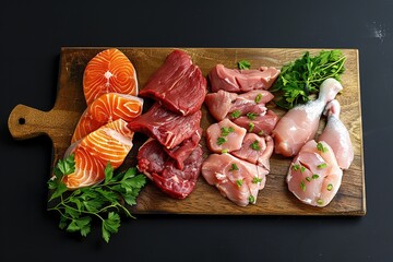 Canvas Print - From above fresh raw fillet of beef and pork with chicken and fish pieces on wooden cutting board as composition of protein rich food against black background