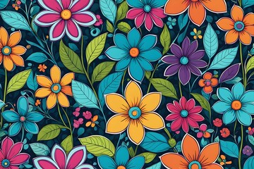 Wall Mural - A colorful floral pattern with a blue background