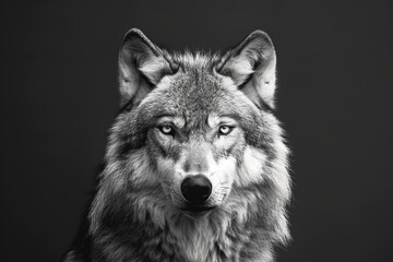 Front view of Wolf isolated on black background. Black and white portrait of wolf