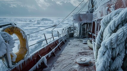 frozen ship deck with ice crystals against a backdrop of sea ice during a polar expedition