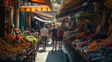 Wall Mural - People walk in the sunny day at an outdoor market, shopping for fruits and vegetables. generative AI