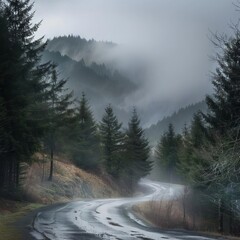 Wall Mural - misty mountain road with evergreen trees atmospheric landscape photography