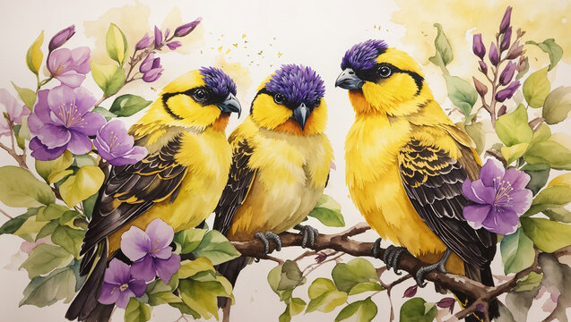  watercolor painting of two yellow birds with black faces sitting on a branch with green leaves and purple flowers.