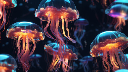 group of jellyfish with long, trailing tentacles