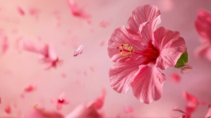 Wall Mural - beautiful close-up of pink hibiscus flowers with delicate petals against soft, blurred background