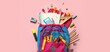 © Pixel-Shot - School backpack with stationery on pink background