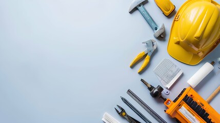 Construction site tools and equipment on gravel surface

