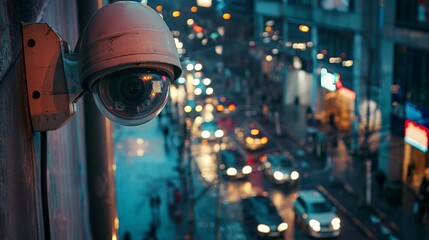 Poster - Close-up of a dome surveillance camera overseeing a busy street with city lights in the background. High-tech security and urban monitoring.