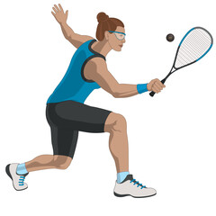 Wall Mural - squash sport, female player striking the ball isolated on a white background