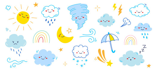 cloud rain weather cartoon cute set. cloud, sun, moon weather character with smile and angry face. h