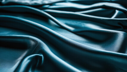 Close-up of smooth, flowing blue silk fabric with gentle folds and shiny texture.