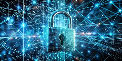 cyber security padlock protecting digital data network with high speed connection analysis