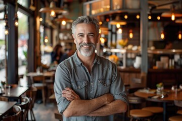 A happy male owner standing in restaurant