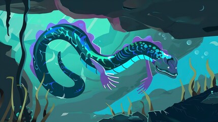 Canvas Print - Dragon eel in an underwater cave flat design front view, mythical creatures, cartoon drawing, split-complementary color scheme 