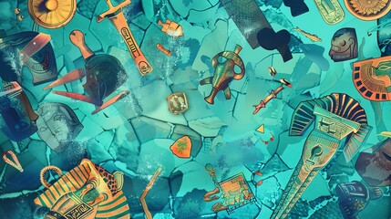 Wall Mural - Egyptian artifacts underwater flat design top view, historical fantasy, water color, tetradic color scheme 