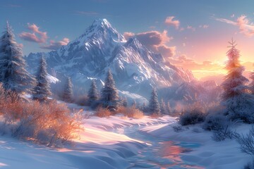 Wall Mural - A 3D rendering of a snowy mountain landscape at sunrise, with snow-covered peaks, a clear sky with the first light of day illuminating the scene, and a few evergreen trees in the foreground