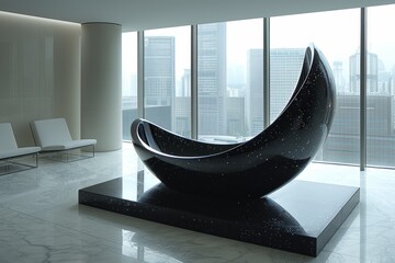 Sticker - Modern lounge area with sculptural furniture and city view, creating a stylish and artistic space