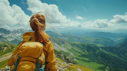 Canvas Print - A woman with a yellow backpack is standing on a mountain top, hike concept