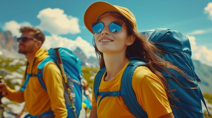 Canvas Print - A woman wearing a yellow shirt and sunglasses is smiling, hike concept