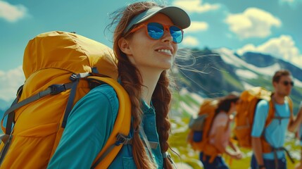 A woman with a backpack and sunglasses on a sunny day, hike concept