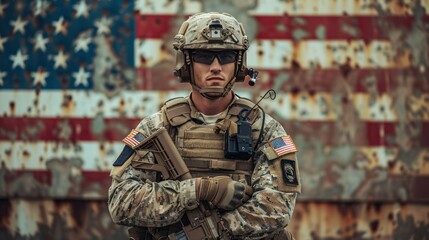 Poster - Caucasian Soldier in Military Gear Against USA Flag Background