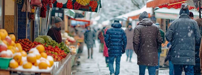 Wall Mural - people are walking on snowy day at an outdoor market. Europe street. colorful stalls selling fruits in an urban life scene. generative AI