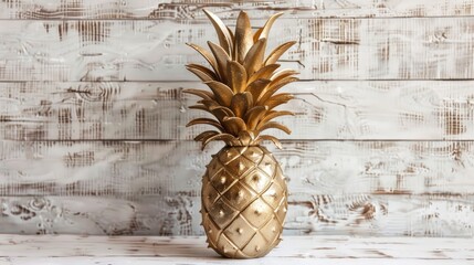 Wall Mural - Golden leaf adorned ceramic pineapple on a white wood backdrop