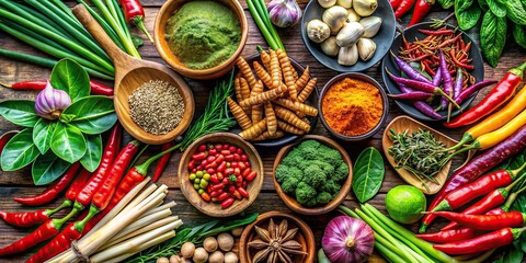 of Thai cuisine ingredients featuring vibrant vegetables, herbs, and spices
