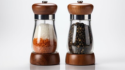 Two wooden pepper shakers with salt and pepper inside, spices for food