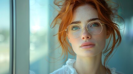 Wall Mural - A beautiful 45-year-old ginger red-haired Caucasian woman with a formal slick hairstyle and glasses, standing by a huge window in a modern office building. 