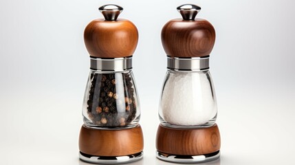 Wall Mural - Two wooden pepper grinders with a glass container in between, spices for food