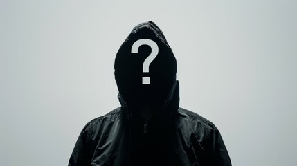 A hooded man with a question mark on his face, incognito or unknown concept