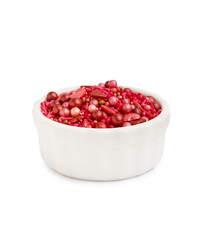 Wall Mural - Bowl with sweet pink sprinkles on white background