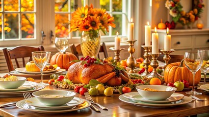 Thanksgiving dinner table beautifully set with elegant dishes and decorations