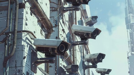 Poster - Multiple surveillance cameras on the side of a building. Represents security, monitoring, and modern technology.