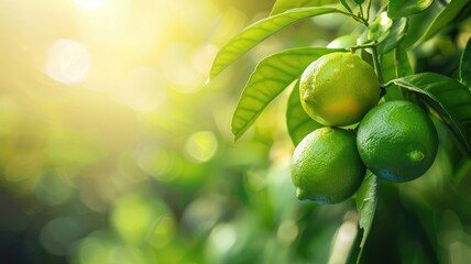 Fresh green limes hanging on tree with bright sunlight