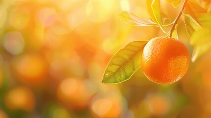 Wall Mural - Ripe orange fruit and leaves against warm glowing background