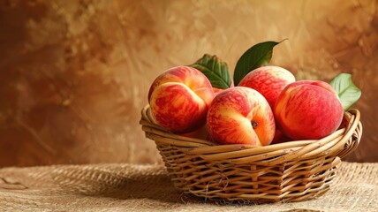 Wall Mural - Basket of fresh peaches on rustic burlap background
