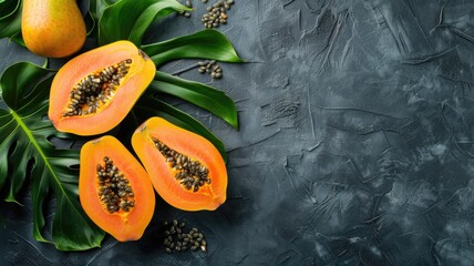 Fresh sliced papaya with seeds and leaves on dark background