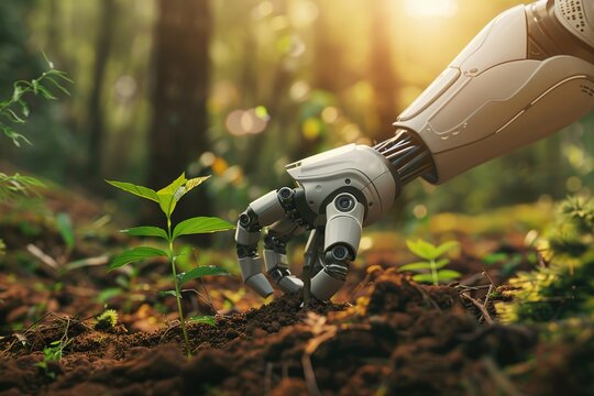 Futuristic robotic hand tenderly planting a young tree in a forest