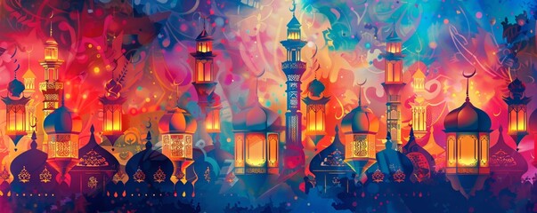 Wall Mural - Abstract Islamic Eid card, geometric lantern patterns, festive colors